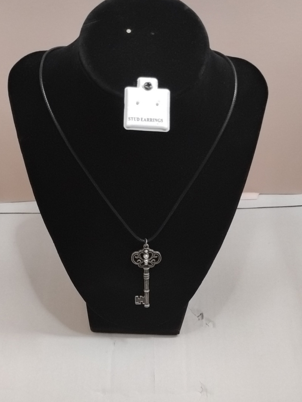 Vintage Key Pendant Necklace in Silver-Tone on Black Cord